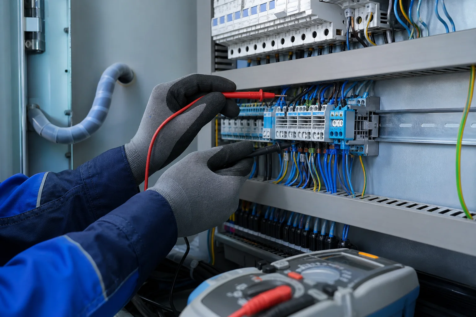 Mains gantées contrôlant une armoire électrique