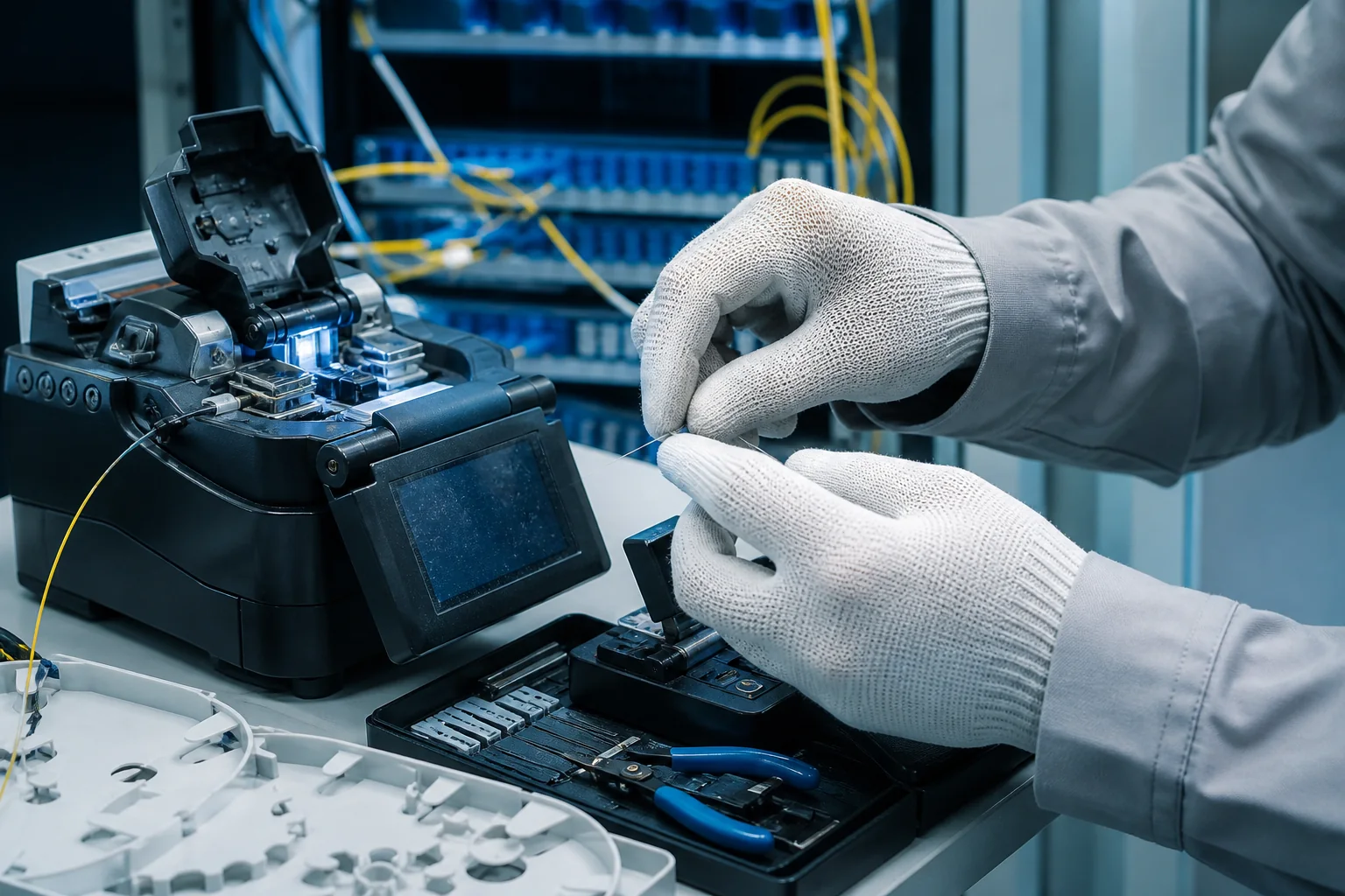 Mains gantées réalisant une soudure de fibre optique